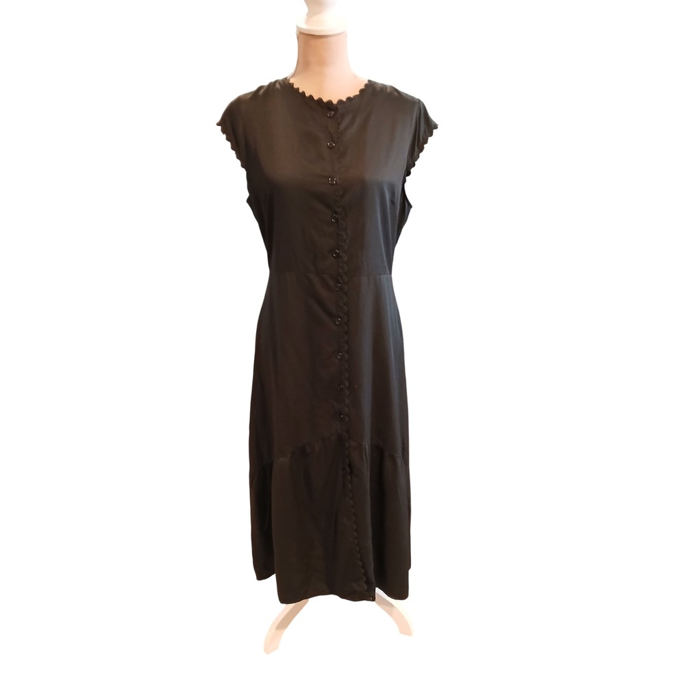Black Scalloped Ric-Rac Trim Button Front Sleeveless Tiered Midi Dress Womens
